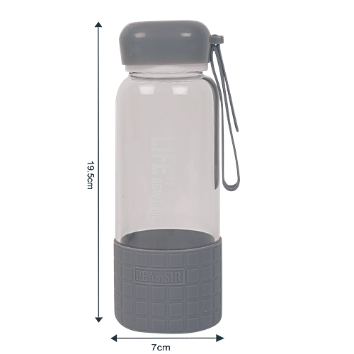 DP Printed Glass Water Bottle With Silicon Cover At Bottom - Grey, BB1303, 450 ml  