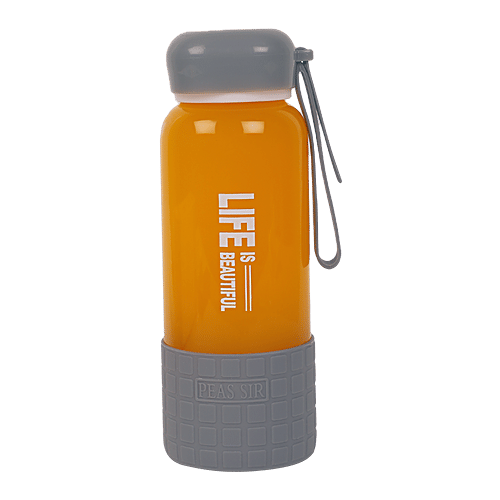 DP Printed Glass Water Bottle With Silicon Cover At Bottom - Grey, BB1303, 450 ml  