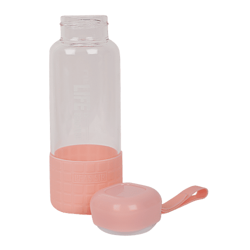 DP Printed Glass Water Bottle With Silicon Cover At Bottom - Pink, BB1303, 450 ml  