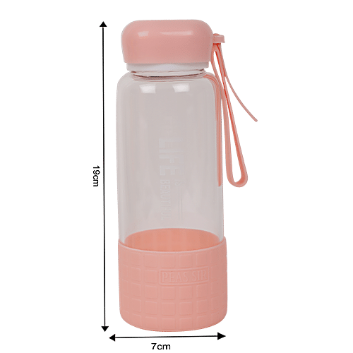 DP Printed Glass Water Bottle With Silicon Cover At Bottom - Pink, BB1303, 450 ml  