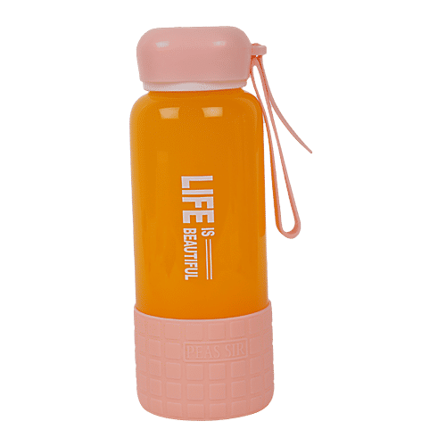 DP Printed Glass Water Bottle With Silicon Cover At Bottom - Pink, BB1303, 450 ml  