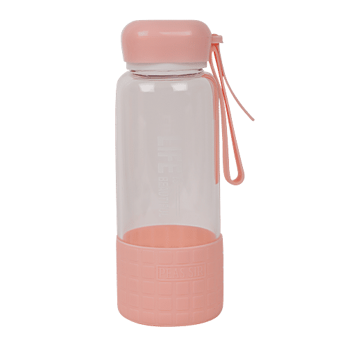 DP Printed Glass Water Bottle With Silicon Cover At Bottom - Pink, BB1303, 450 ml  