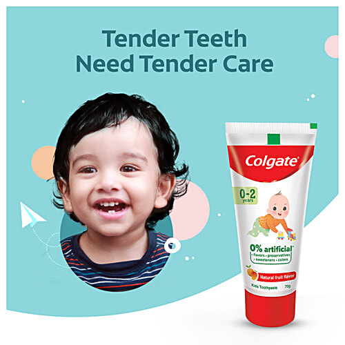 Colgate Kid's Toothpaste - 0-2 years, Natural Fruit Flavour, Fluoride Free, 0% Artificial, 70 g Tube 