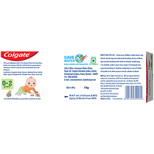 Colgate Kids Toothpaste - 0 To 2 Years, 70 g Tube 0% Artificial Flavours, Preservatives, Sweetners & Colours, , Natural Fruit Flavour, Fluoride Free, 0% Artificial
