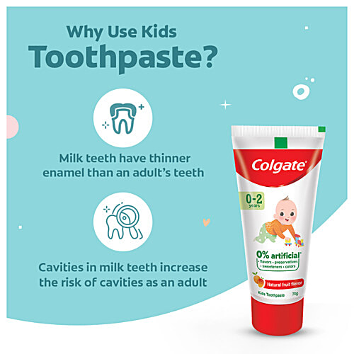Colgate Kid's Toothpaste - 0-2 years, Natural Fruit Flavour, Fluoride Free, 0% Artificial, 70 g Tube 
