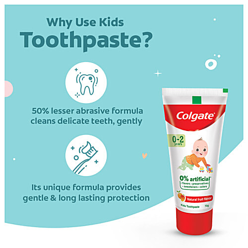Colgate Kid's Toothpaste - 0-2 years, Natural Fruit Flavour, Fluoride Free, 0% Artificial, 70 g Tube 