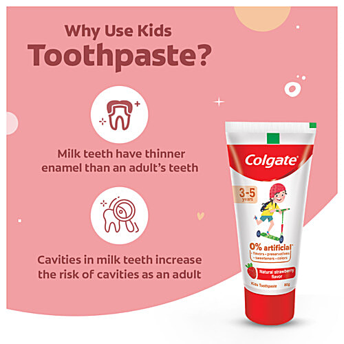 Colgate Kid's Toothpaste - 3-5 years, Natural Strawberry Flavour, 0% Artificial, 80 g Tube 