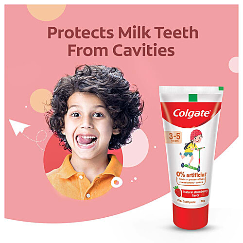 Colgate Kids Toothpaste - 3-5 years, Natural Strawberry Flavour, 0% Artificial, 80 g Tube 0% Artificial Flavors, Preservatives, Sweeteners & Colors