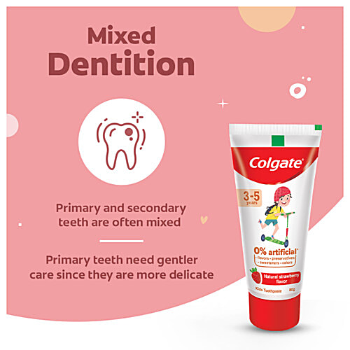 Colgate Kid's Toothpaste - 3-5 years, Natural Strawberry Flavour, 0% Artificial, 80 g Tube 