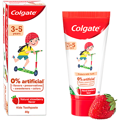 Colgate Kids Toothpaste - 3-5 years, Natural Strawberry Flavour, 0% Artificial, 80 g Tube 0% Artificial Flavors, Preservatives, Sweeteners & Colors