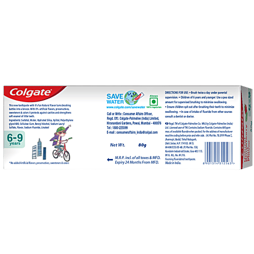 Colgate Kids Toothpaste - 6 To 9 Years, Natural Strawberry Mint Flavour, 0% Artificial, 80 g Tube 0% Artificial Flavors, Preservatives, Sweeteners & Colors