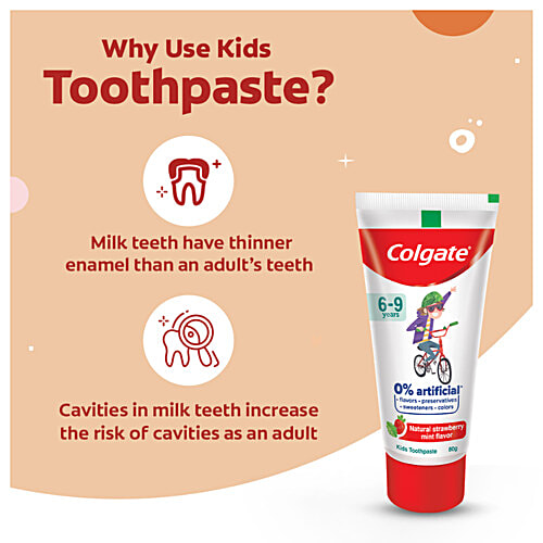 Colgate Kid's Toothpaste - 6-9 Years, Natural Strawberry Mint Flavour, 0% Artificial, 80 g Tube 
