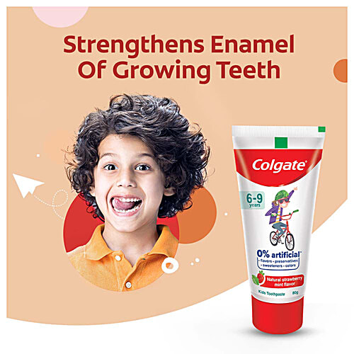 Colgate Kids Toothpaste - 6 To 9 Years, Natural Strawberry Mint Flavour, 0% Artificial, 80 g Tube 0% Artificial Flavors, Preservatives, Sweeteners & Colors