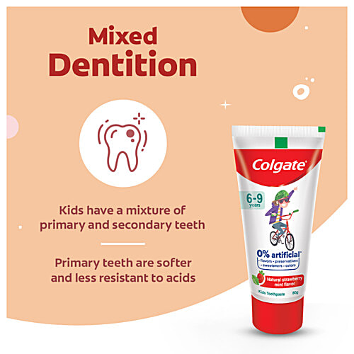 Colgate Kid's Toothpaste - 6-9 Years, Natural Strawberry Mint Flavour, 0% Artificial, 80 g Tube 