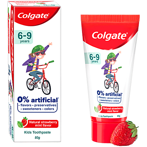 Colgate Kids Toothpaste - 6 To 9 Years, Natural Strawberry Mint Flavour, 0% Artificial, 80 g Tube 0% Artificial Flavors, Preservatives, Sweeteners & Colors
