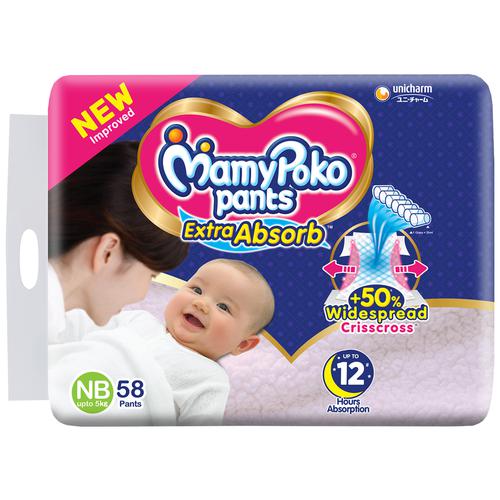 Mamypoko Pants Extra Absorb Diapers - Prevents Leakage, New Born, 58 pcs  