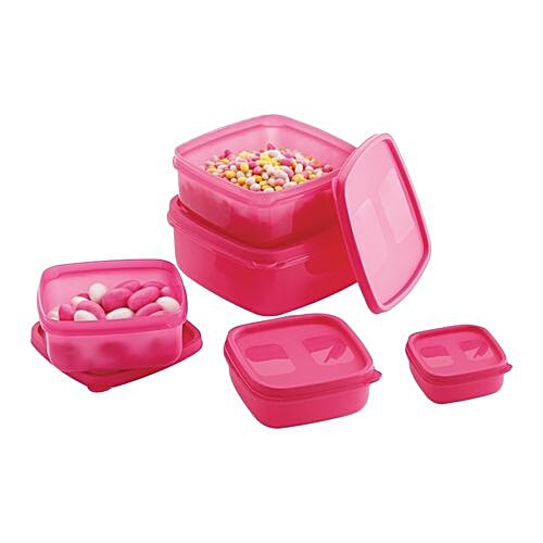 Mastercook Premium Square Plastic Container - Pink, 5 pcs  