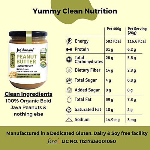 Jus Amazin Unsweetened Peanut Butter, 500 g Jar 31% Protein
 Rich in Vitamin-B1 & Iron