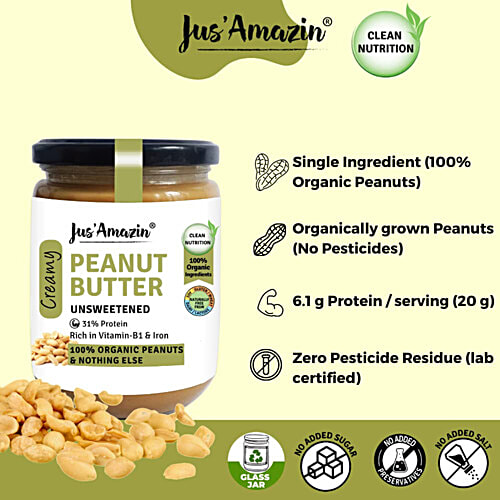 Jus Amazin Unsweetened Peanut Butter, 500 g Jar 31% Protein
 Rich in Vitamin-B1 & Iron