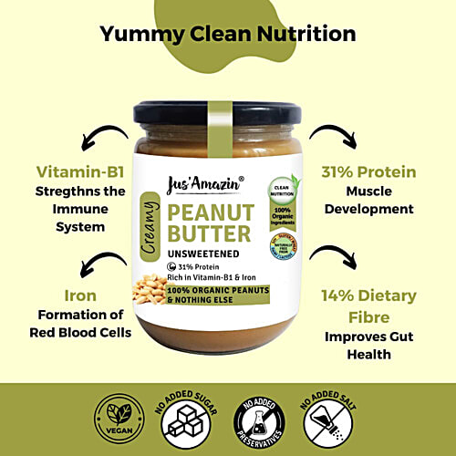 Jus Amazin Unsweetened Peanut Butter, 500 g Jar 31% Protein
 Rich in Vitamin-B1 & Iron