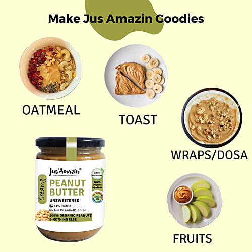 Jus Amazin Unsweetened Peanut Butter, 500 g Jar 31% Protein
 Rich in Vitamin-B1 & Iron
