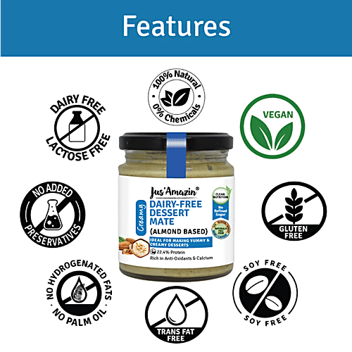 Jus Amazin Dairy-Free Dessert Mate - Almond Based, Creamy, Rich In Anti-Oxidants & Calcium, 200 g Jar Rich in Anti-Oxidants & Calcium, 22.4% Protein