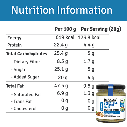 Jus Amazin Dairy-Free Dessert Mate - Almond Based, Creamy, Rich In Anti-Oxidants & Calcium, 200 g Jar Rich in Anti-Oxidants & Calcium, 22.4% Protein