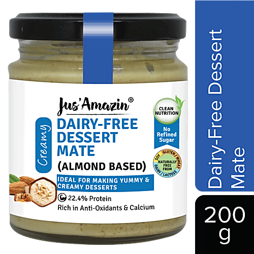 Jus Amazin Dairy-Free Dessert Mate - Almond Based, Creamy, Rich In Anti-Oxidants & Calcium, 200 g Jar Rich in Anti-Oxidants & Calcium, 22.4% Protein