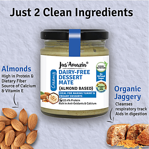 Jus Amazin Dairy-Free Dessert Mate - Almond Based, Creamy, Rich In Anti-Oxidants & Calcium, 200 g Jar Rich in Anti-Oxidants & Calcium, 22.4% Protein