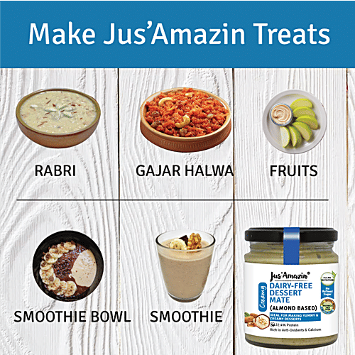 Jus Amazin Dairy-Free Dessert Mate - Almond Based, Creamy, Rich In Anti-Oxidants & Calcium, 200 g Jar Rich in Anti-Oxidants & Calcium, 22.4% Protein