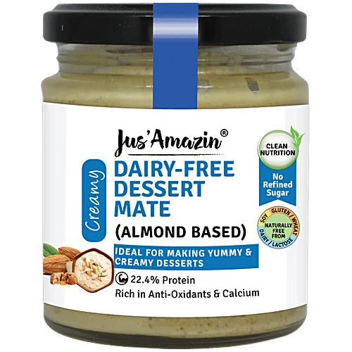Jus Amazin Dairy-Free Dessert Mate - Almond Based, Creamy, Rich In Anti-Oxidants & Calcium, 200 g Jar Rich in Anti-Oxidants & Calcium, 22.4% Protein