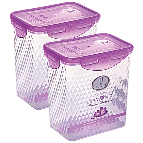 Joyo Diamond Lock Plastic Container - Printed, Rectangle, Assorted Colour, 1.5 L (Set of 2) Microwave Safe