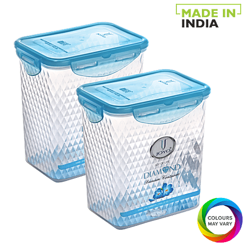 Joyo Diamond Lock Plastic Container - Printed, Rectangle, Assorted Colour, 1.5 L (Set of 2) Microwave Safe