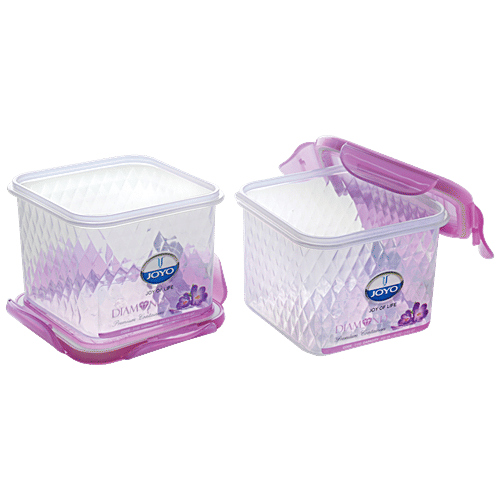Joyo Diamond Lock Container - Assorted Colour, Plastic, Printed, Square, 600 ml (Set of 2)
