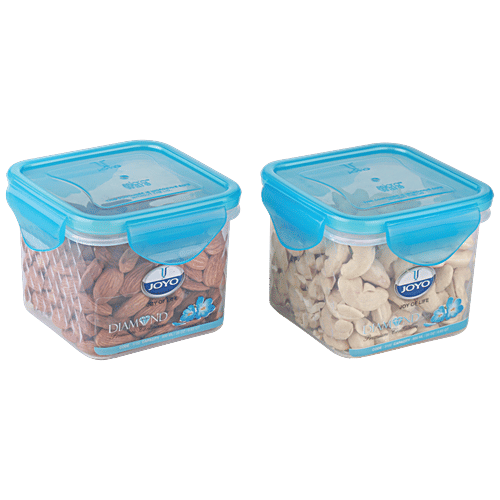 Joyo Diamond Lock Container - Assorted Colour, Plastic, Printed, Square, 600 ml (Set of 2)