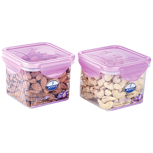 Joyo Diamond Lock Container - Assorted Colour, Plastic, Printed, Square, 600 ml (Set of 2)