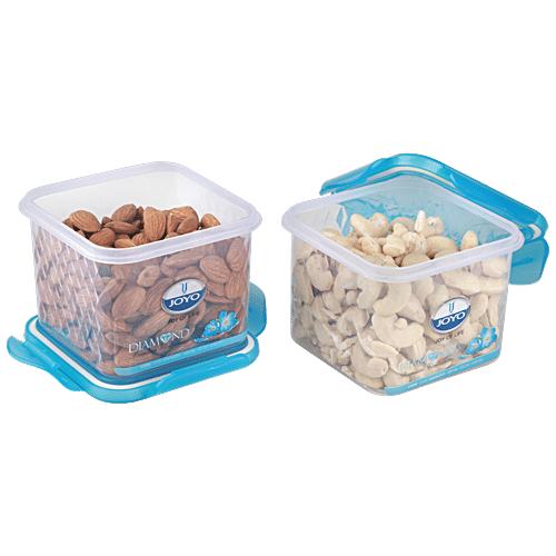 Joyo Diamond Lock Container - Assorted Colour, Plastic, Printed, Square, 600 ml (Set of 2)