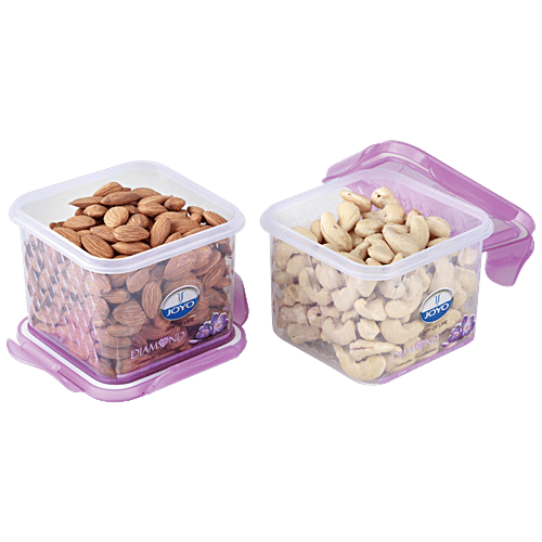 Joyo Diamond Lock Container - Assorted Colour, Plastic, Printed, Square, 600 ml (Set of 2)