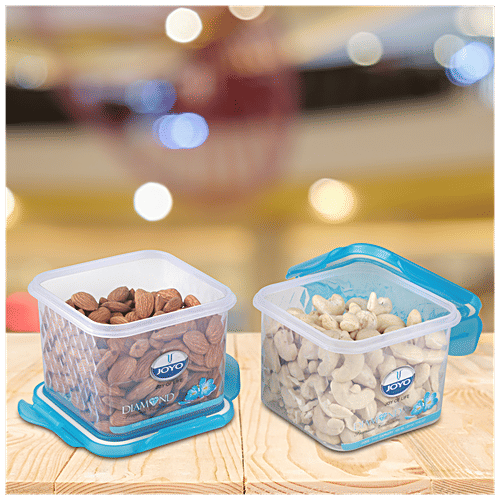 Joyo Diamond Lock Container - Assorted Colour, Plastic, Printed, Square, 600 ml (Set of 2)