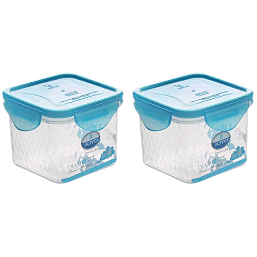 Joyo Diamond Lock Container - Assorted Colour, Plastic, Printed, Square, 600 ml (Set of 2)