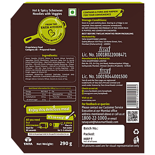 TATA Q Ready To Eat Hot & Spicy Schezwan Noodles With Veggies - High Quality Ingredients, 290 g Quick Quisine