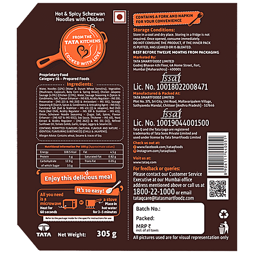 TATA Q Ready To Eat Hot & Spicy Schezwan Noodles With Chicken - High Quality Ingredients, 305 g Quick Quisine