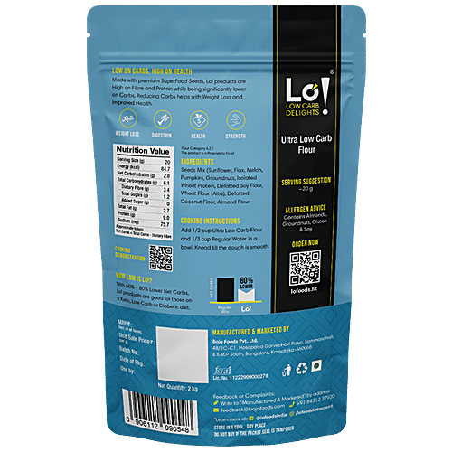 LO! Ultra Low Carb Keto Flour - High Fibre, Dietitian Recommended Atta, 2 kg Pouch 