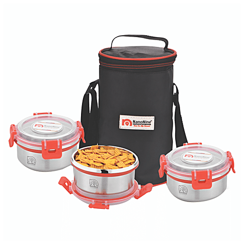 NanoNine Steel Lunch/Tiffin Box Set With Bag - Clip Lock, 260 ml Set of 3 Leakproof