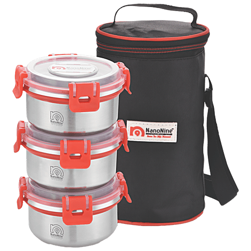 NanoNine Steel Lunch/Tiffin Box Set With Bag - Clip Lock, 260 ml Set of 3 Leakproof