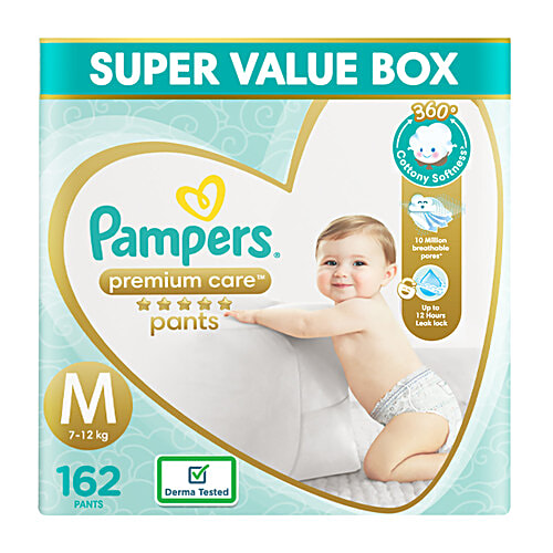 Pampers  Premium Care Diaper Pants - Medium, 7-12 kg, Air Channels, Lotion with Aloe Vera, 162 pcs Box 