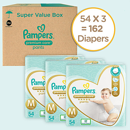 Pampers  Premium Care Diaper Pants - Medium, 7-12 kg, Air Channels, Lotion with Aloe Vera, 162 pcs Box 