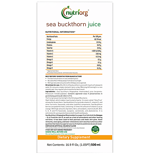 Nutriorg Seabuckthorn Juice, 500 ml  Enrich with Omega's 3,6,9 & Rare 7