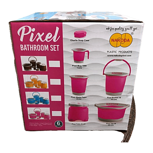 Nakoda Pixel Plastic Bathroom Set - Assorted Colour, 6 pcs  