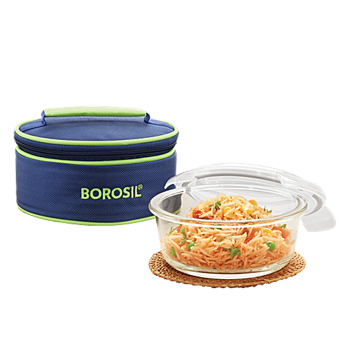 Borosil Borosilicate Glass Lunch Box / Tiffin Box Round - Blue, 620 ml  Microwaveable